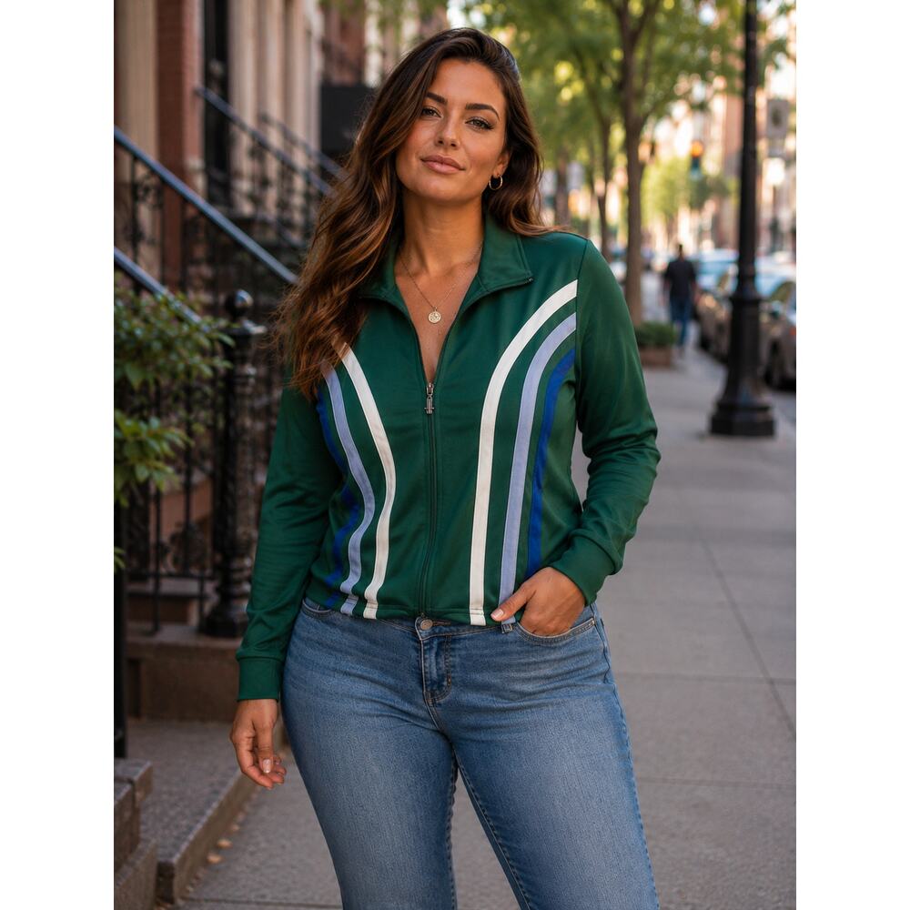 Masseys Vintage Y2K Track Jacket Green Zip Front Striped Small